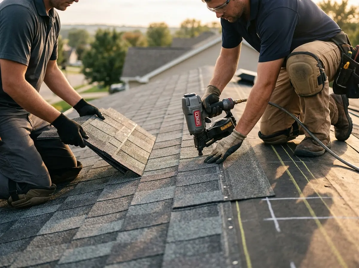 Professional roofer working on a residential roof in Marengo